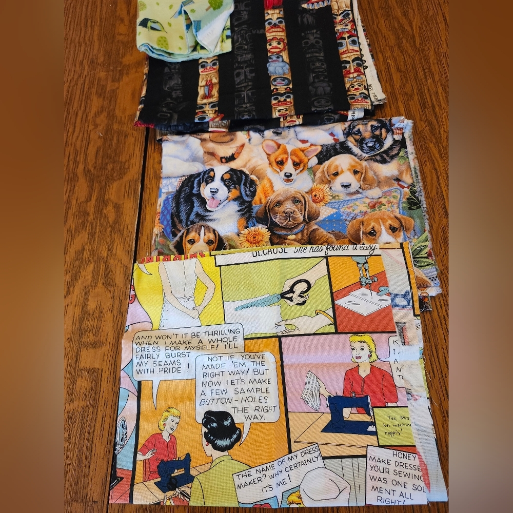 Colorful Dog,  Comic Print, Campers, & Totem Pole Fabric Bundle.  Scraps.